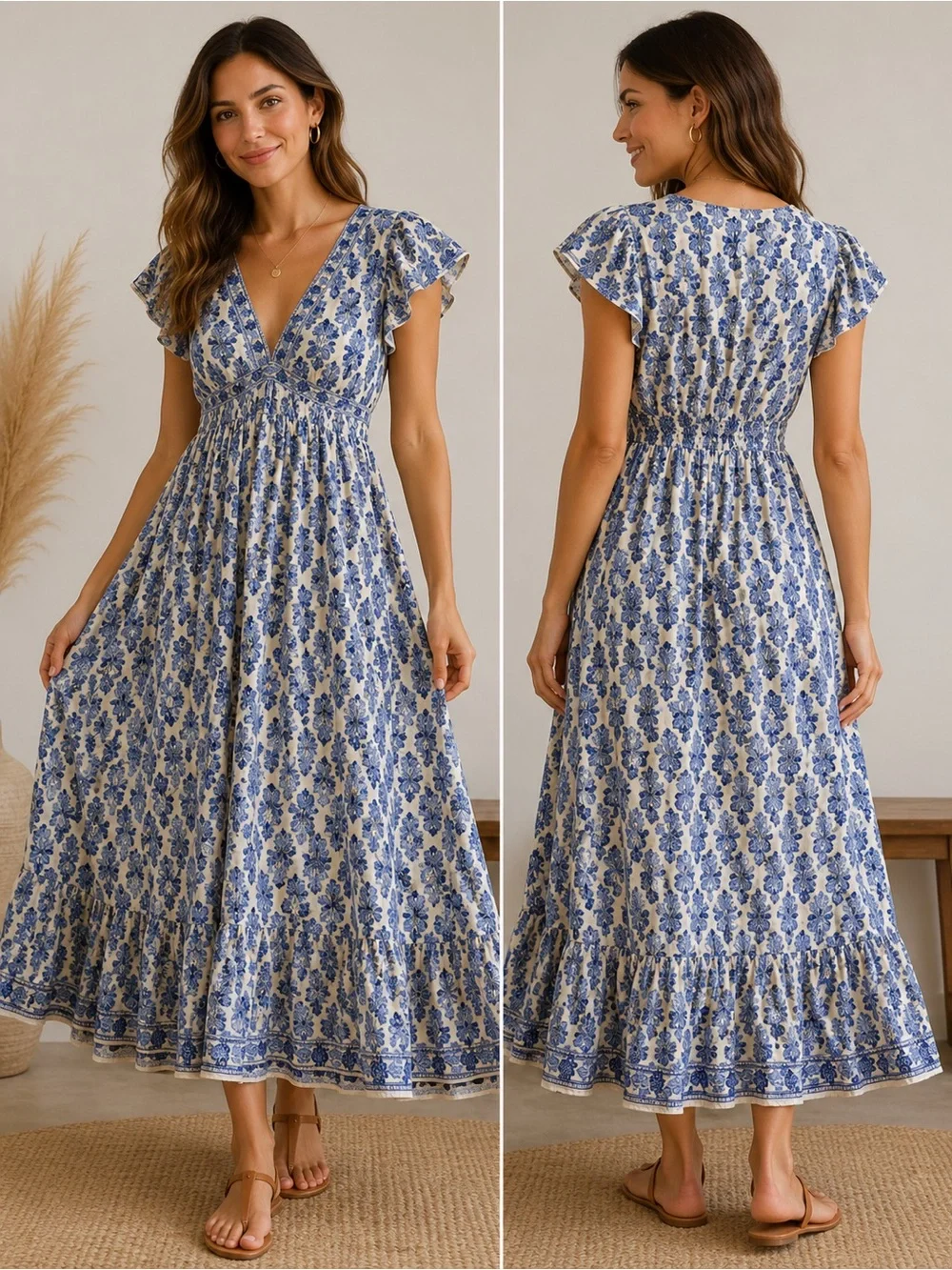 Max Studio London Blue White Floral Boho Maxi Dress V Neck Flutter Sleeve M
